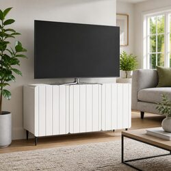 Modern White TV Cabinet with Swing Doors and Steel Legs