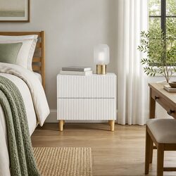 White Engineered Wood Bedside Cabinet with Brown Legs 62x34.5x48cm