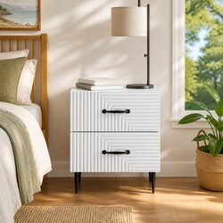 White Bedside Cabinet with Drawers and Metal Legs