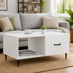 Rectangular White Coffee Table with Storage Compartments