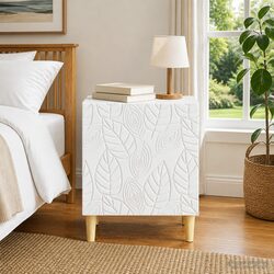White Bedside Table with Engineered Wood and Eucalyptus Legs