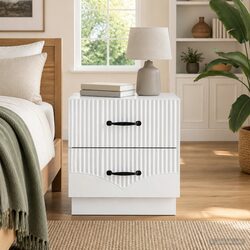 White Engineered Wood Bedside Cabinet with Drawers