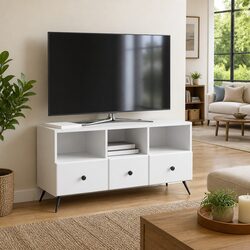 Engineered Wood TV Cabinet in White with Organized Storage