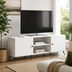 Engineered Wood White TV Cabinet with Metal Details