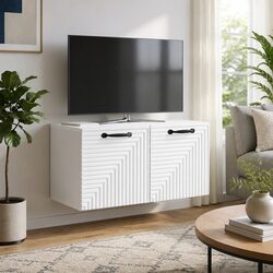Wall-Mounted TV Cabinet in White with Storage Compartments