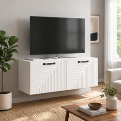 Wall-Mounted TV Cabinet in White with 90° Swing Doors