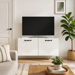 Wall-Mounted White TV Cabinet with Swing Doors