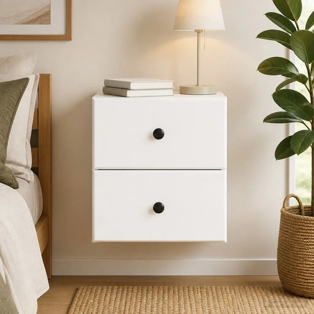 Wall-Mounted Bedside Cabinet Modern White Compact Storage Drawer and Compartment
