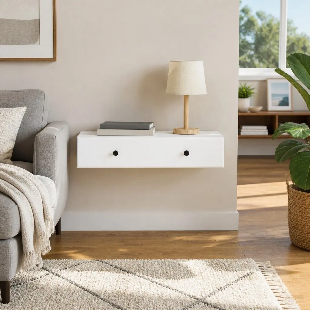 Wall-Mounted Side Table White Storage Cabinet with Drawers Modern Design 87.5cm