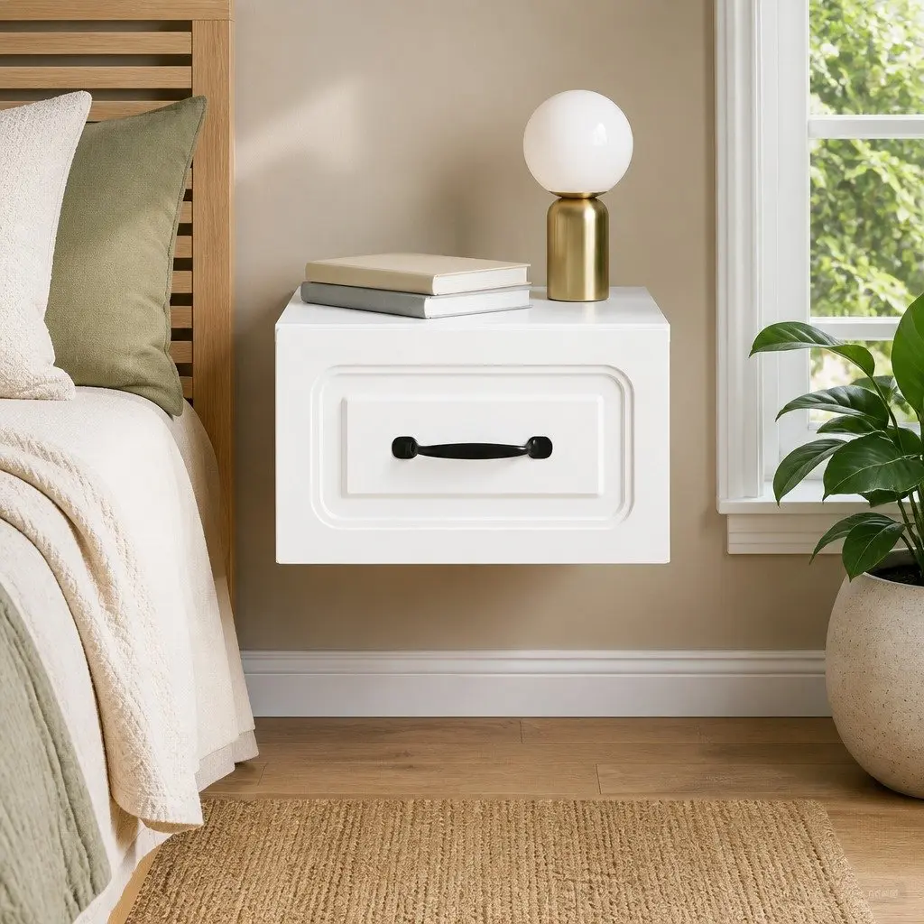 Wall-Mounted Bedside Cabinet Compact White Storage Drawer Shelf