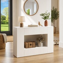 White Engineered Wood Console Table with Drawers and Shelves