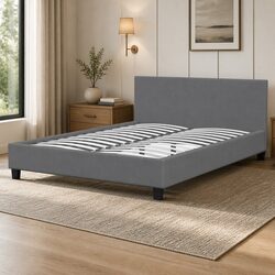 Single Bed Frame with Headboard in Upholstered Fabric