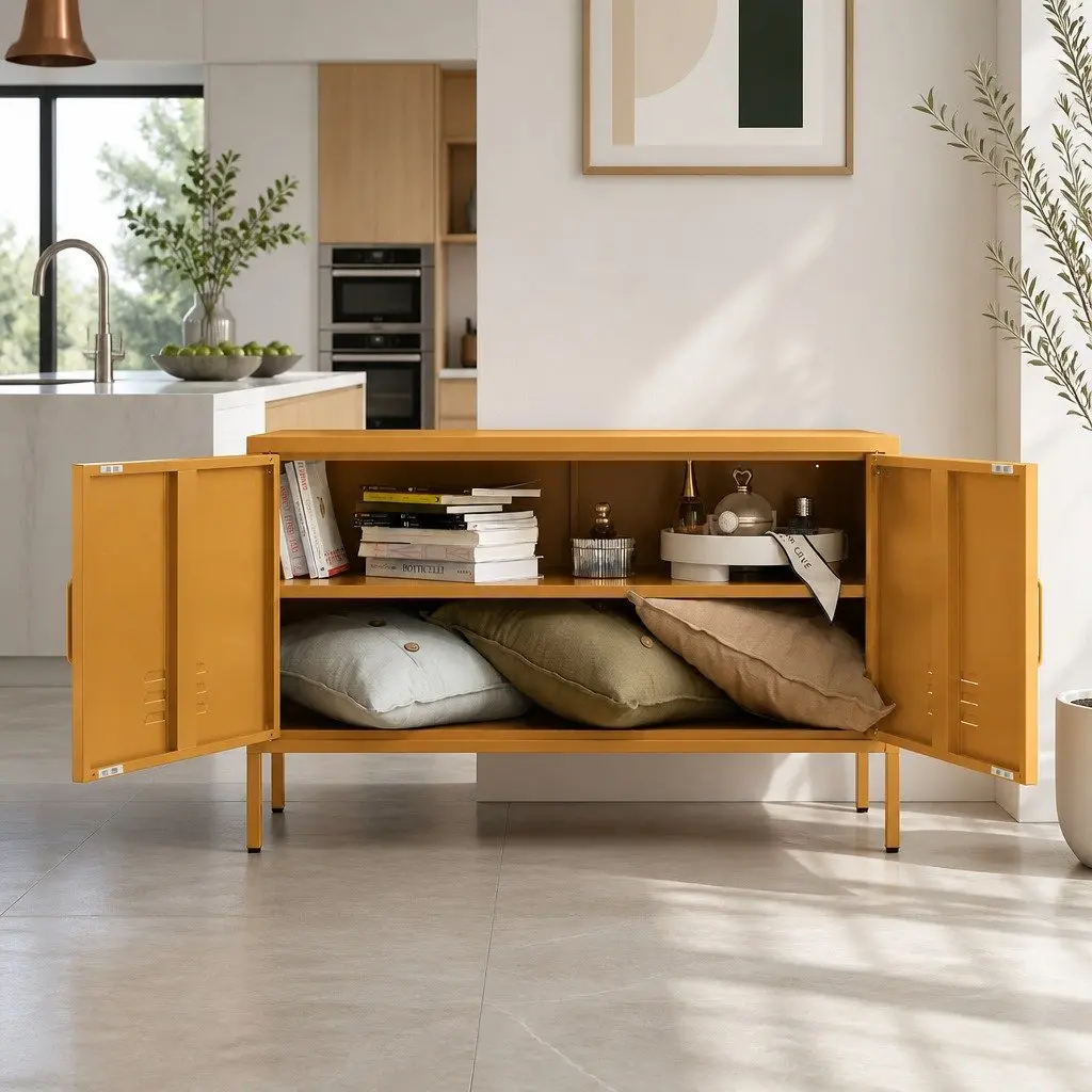 Metal Buffet Sideboard Cabinet Yellow Storage Dining Furniture Modern Design