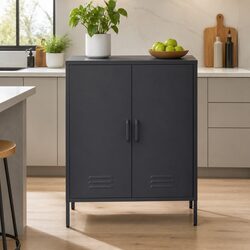 Charcoal Black Steel Buffet Sideboard with Storage Features