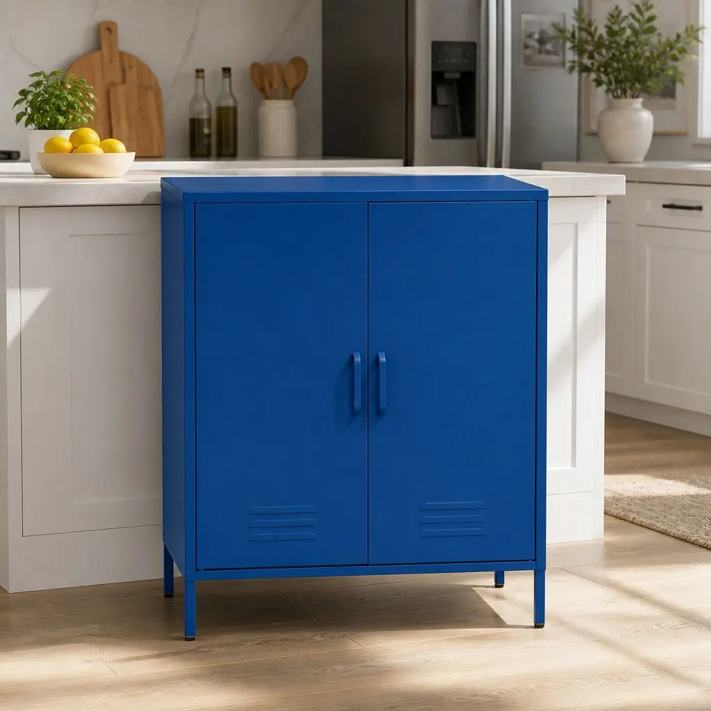 Metal Buffet Sideboard Cabinet Spacious Storage Adjustable Shelves Blue