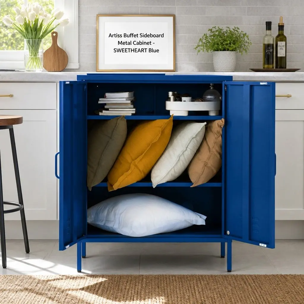Metal Buffet Sideboard Cabinet Spacious Storage Adjustable Shelves Blue