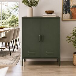 Green Metal Buffet Sideboard Cabinet with Wall Attachment