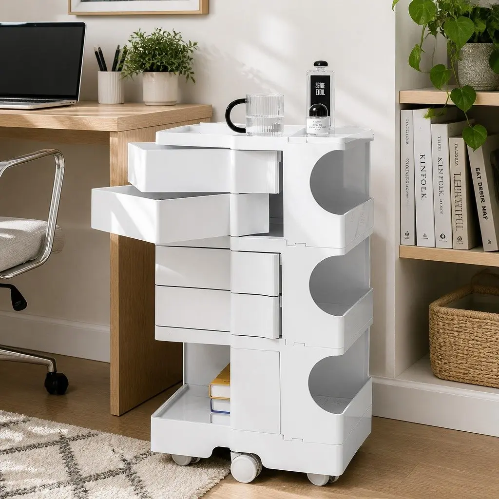 Storage Trolley Compact Fold-Out Shelves White Organizer