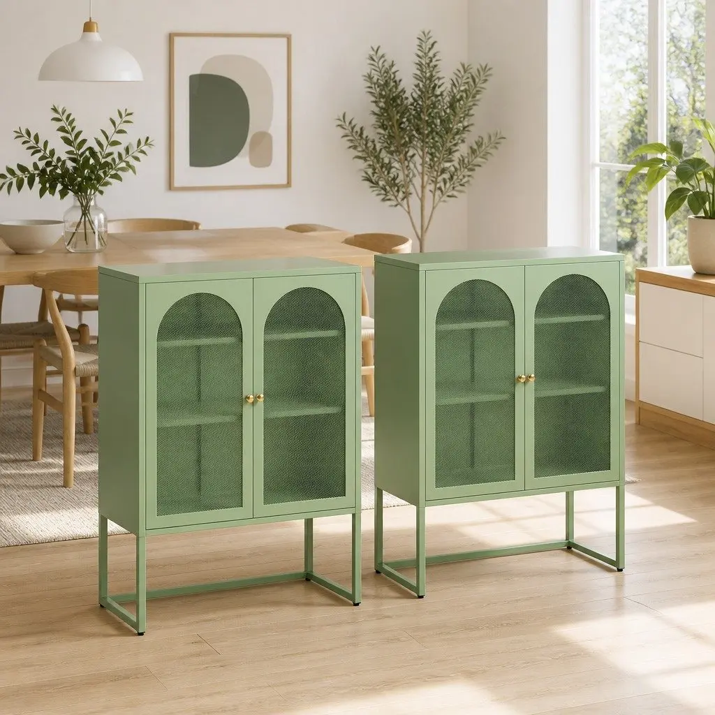 Buffet Sideboard Cabinet Storage Mesh Doors Adjustable Shelves Light Green 2 Piece