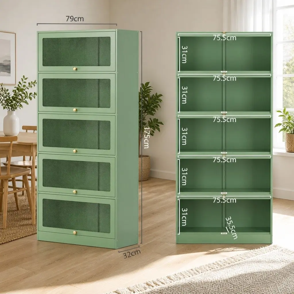 Buffet Storage Cabinet 5 Tier Mesh Door Cold Rolled Steel Light Green 79cm x 32cm x 175cm Set of 2