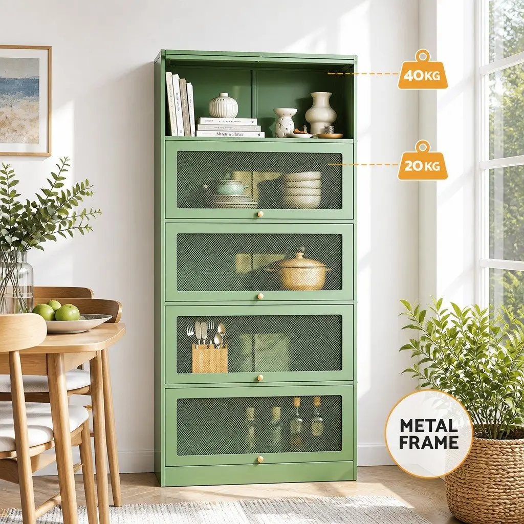 Buffet Storage Cabinet 5 Tier Mesh Door Cold Rolled Steel Light Green 79cm x 32cm x 175cm Set of 2
