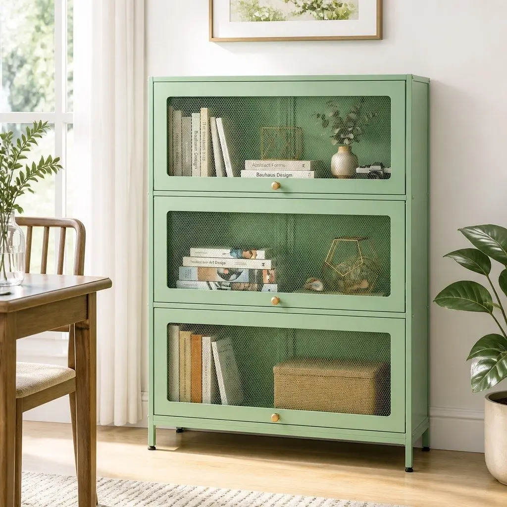 Buffet Storage Cabinet 5 Tier Mesh Door Cold Rolled Steel Light Green 79cm x 32cm x 175cm Set of 2