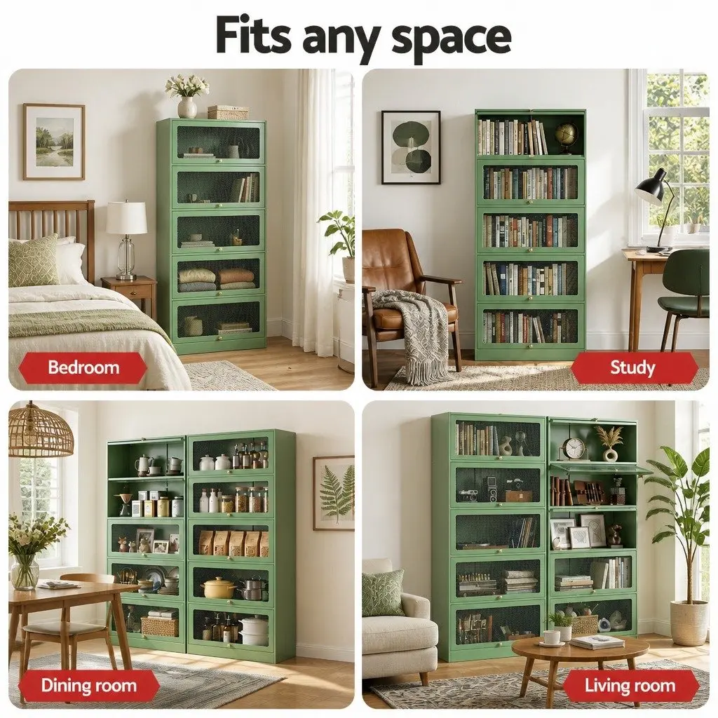 Buffet Storage Cabinet 5 Tier Mesh Door Cold Rolled Steel Light Green 79cm x 32cm x 175cm Set of 2