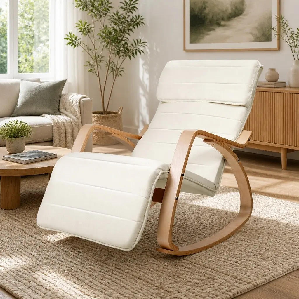 Rocking Armchair with Adjustable Footrest Nursing Chair Beige Bentwood Design