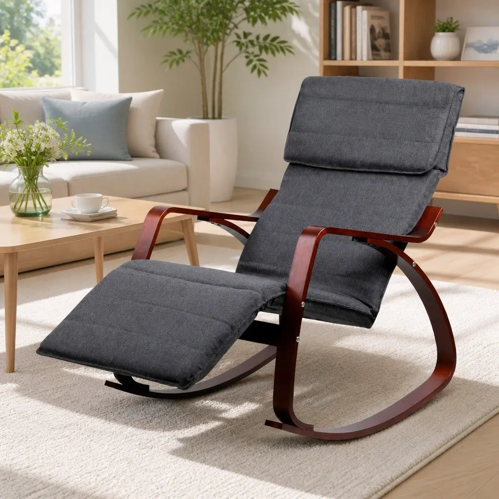 Rocking Armchair with Adjustable Footrest in Charcoal