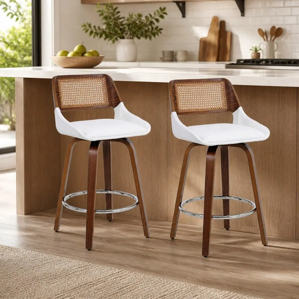 Bar Stools Swivel Ergonomic 60cm Seat Height White and Rattan