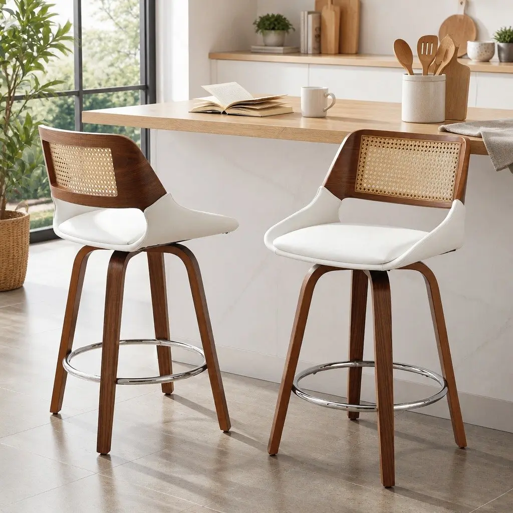 Bar Stools Swivel Ergonomic 60cm Seat Height White and Rattan