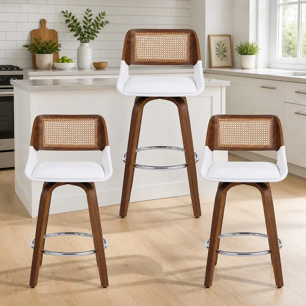 Bar Stools Swivel Ergonomic 60cm Seat Height Walnut White Set of 3