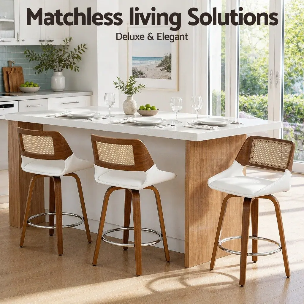 Bar Stools Swivel Ergonomic 60cm Seat Height Walnut White Set of 3