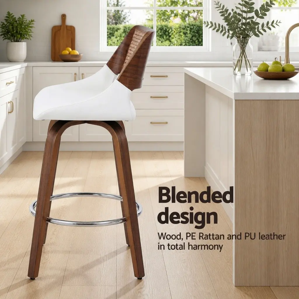 Bar Stools Swivel Ergonomic 60cm Seat Height Walnut White Set of 3