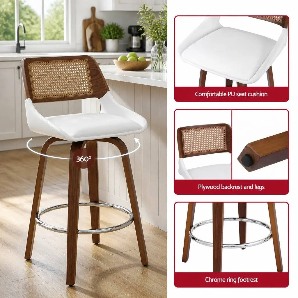 Bar Stools Swivel Ergonomic 60cm Seat Height Walnut White Set of 3