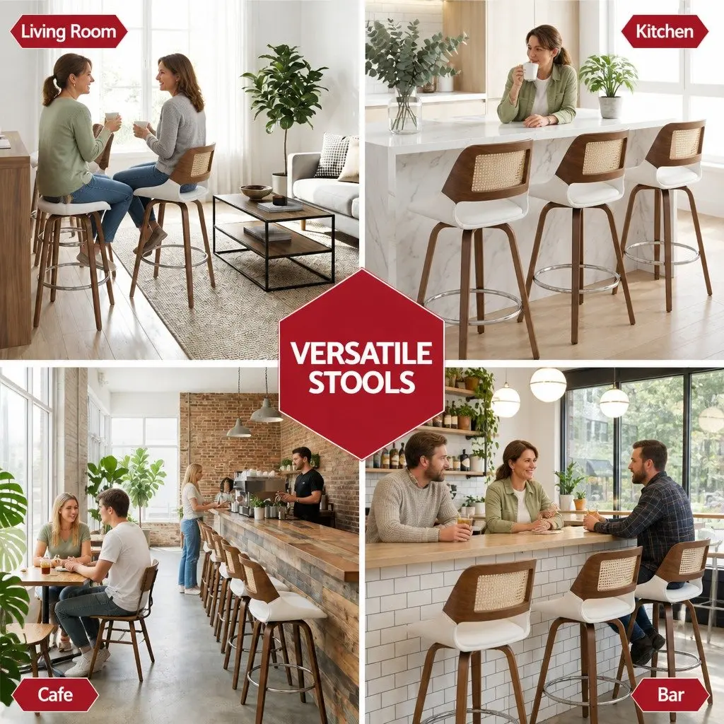 Bar Stools Swivel Ergonomic 60cm Seat Height Walnut White Set of 3