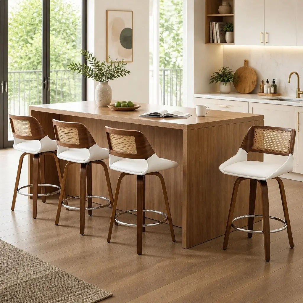 Bar Stools Swivel Ergonomic 60cm Seat Height Walnut White Set of 4