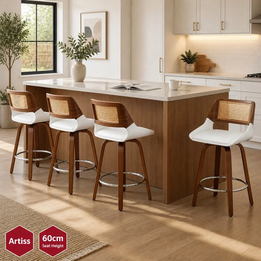Bar Stools Swivel Ergonomic 60cm Seat Height Walnut White Set of 4