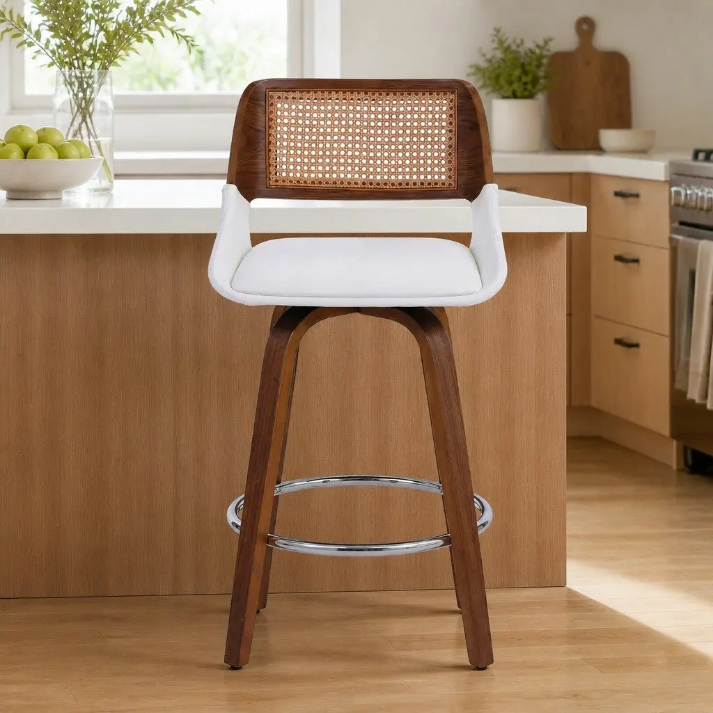 Bar Stools Swivel Ergonomic 60cm Seat Height White with Rattan
