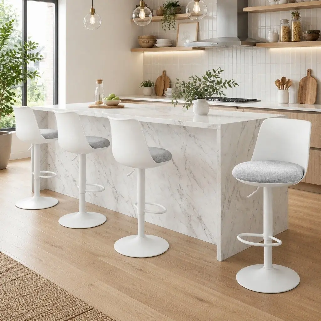 Bar Stools Ergonomic Curved Adjustable Height White Set of 4