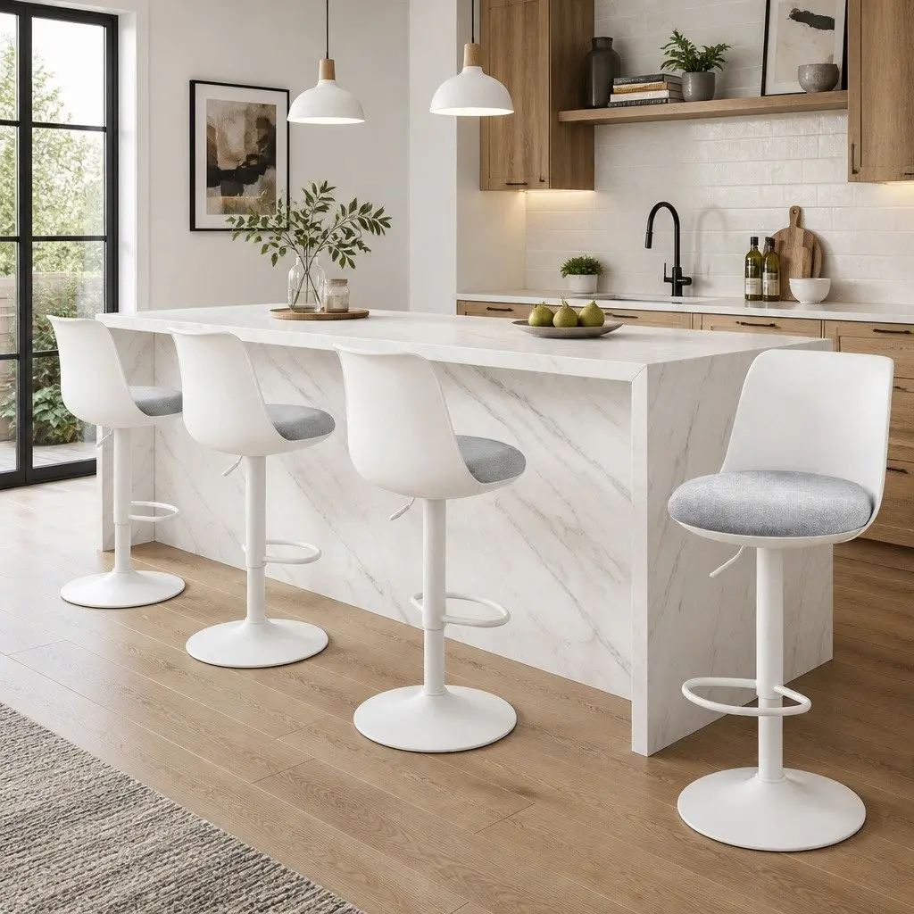 Bar Stools Ergonomic Curved Adjustable Height White Set of 4