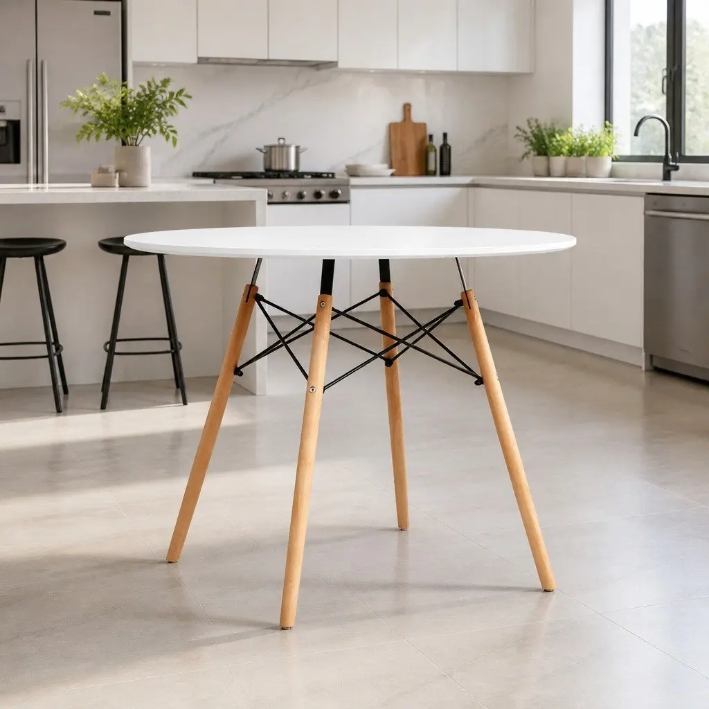 Round Dining Table 90cm 4 Seater White Beech Wood Legs Modern Kitchen Furniture