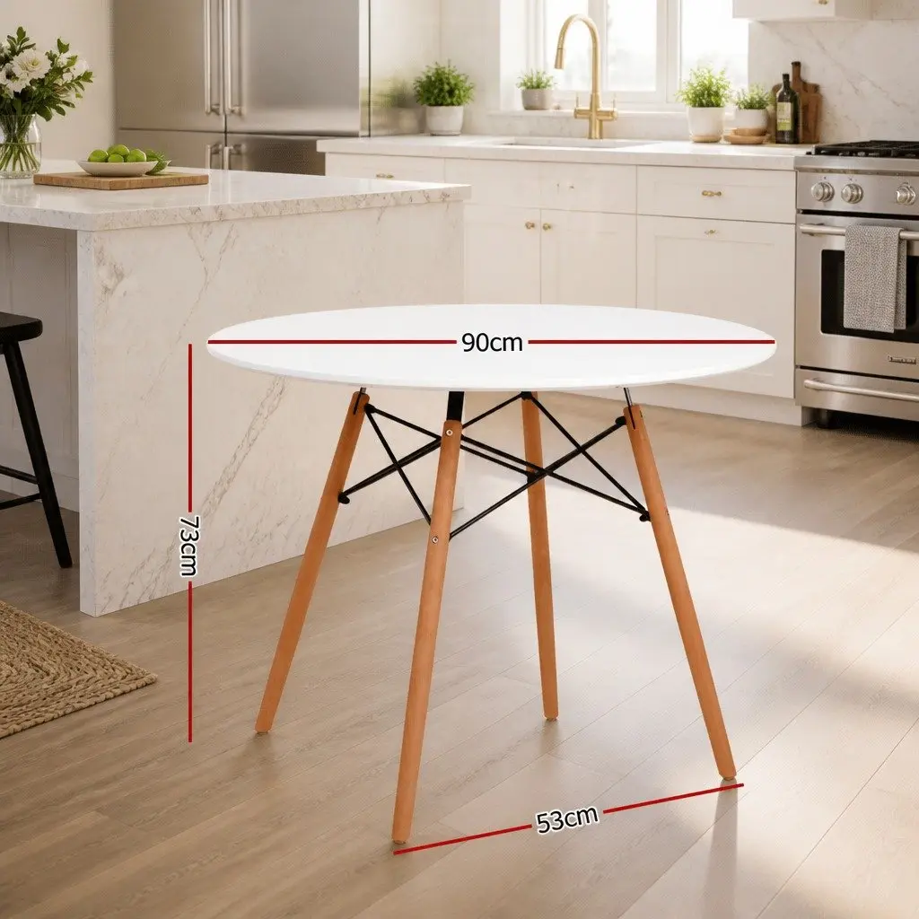 Round Dining Table 90cm 4 Seater White Beech Wood Legs Modern Kitchen Furniture