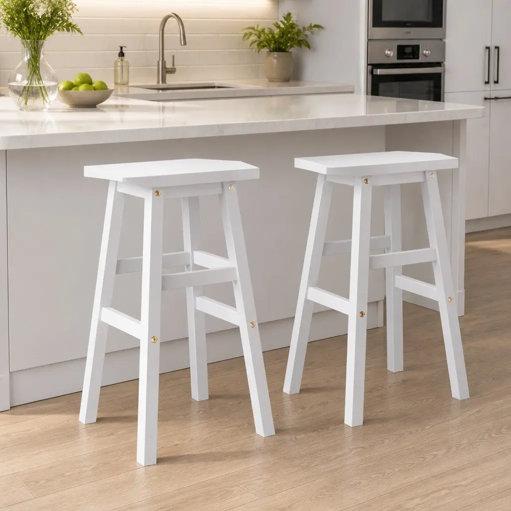 Bar Stools Kitchen Counter Chairs White Wooden Set of 2 Footrest