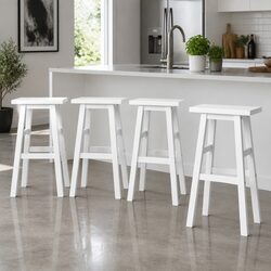 4-Pack White Beech Wood Bar Stools with Saddle Seat