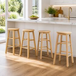 4-Piece Round Bar Stools Set in Natural Wood Finish