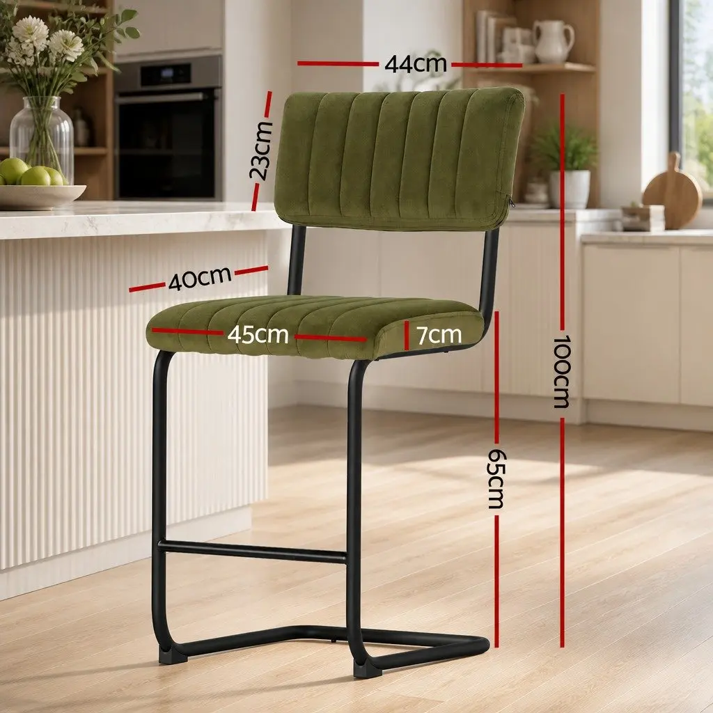 Bar Stools Cushioned Seat Back Support 65cm Green Velvet Metal Footrest Set