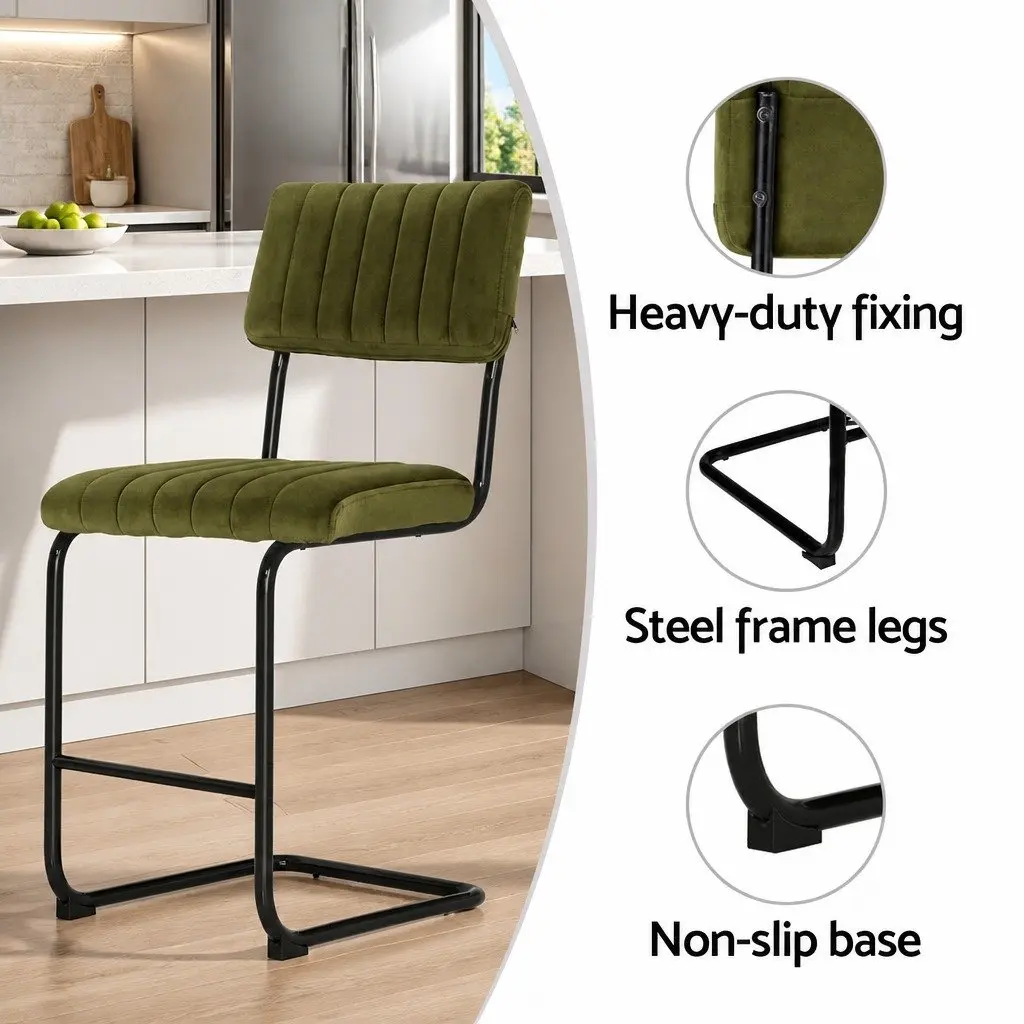 Bar Stools Cushioned Seat Back Support 65cm Green Velvet Metal Footrest Set
