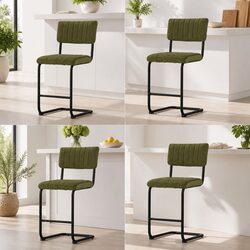 4 Green Velvet Cushioned Bar Stools with Metal Frame