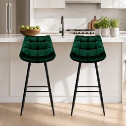 Chic Green Velvet Bar Stools with Metal Support - Set of 2